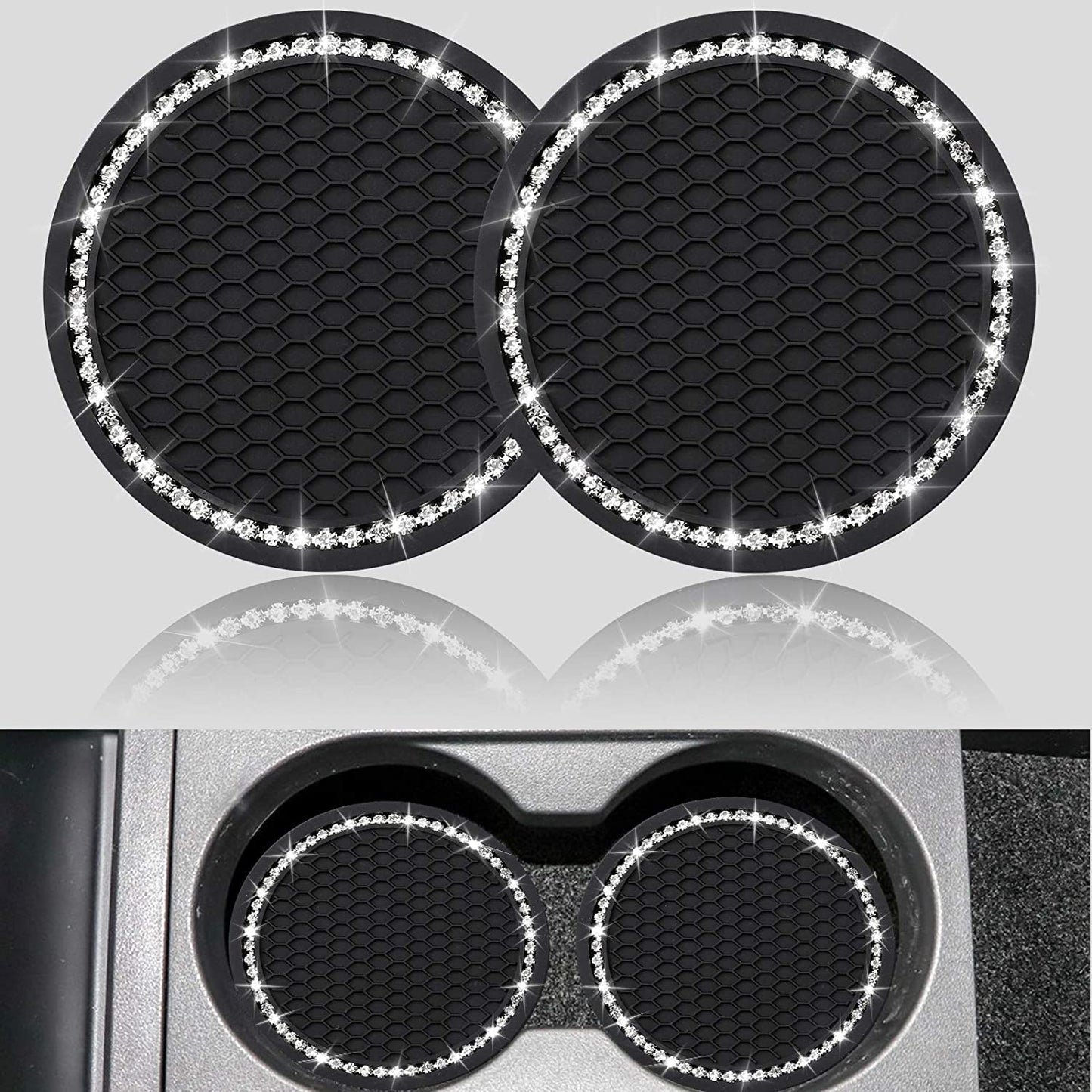 2PCS Bling Car Cup Coaster, Universal Vehicle Bling Holder Insert,2.75 Inch Rhinestone anti Slip Silicone Insert,Suitable for Most Car Interior,Best Gift Car Bling for Women, Black, 2 Pack