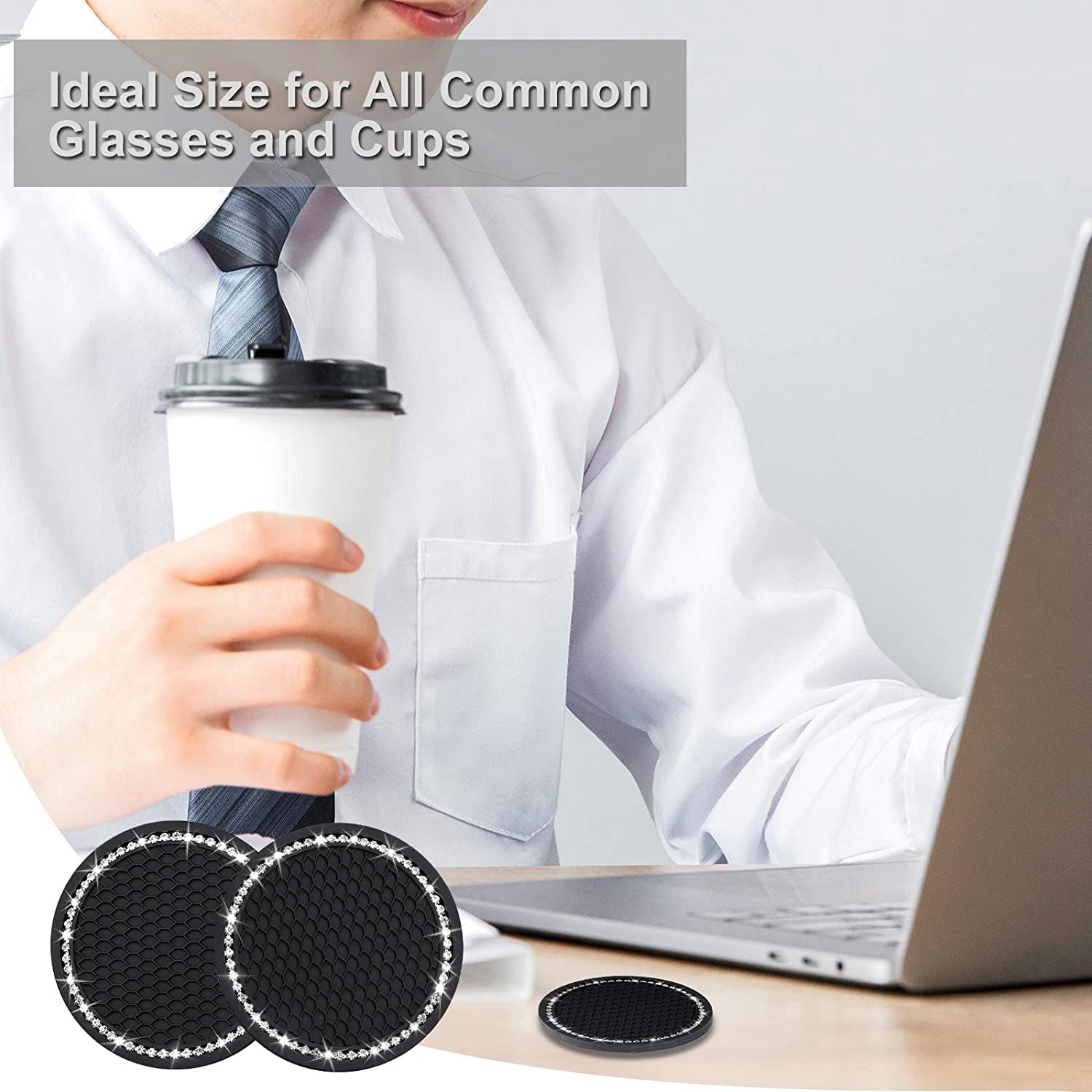 2PCS Bling Car Cup Coaster, Universal Vehicle Bling Holder Insert,2.75 Inch Rhinestone anti Slip Silicone Insert,Suitable for Most Car Interior,Best Gift Car Bling for Women, Black, 2 Pack